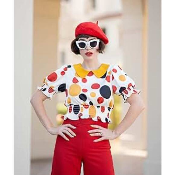 The Drop Satin Mod 60s Drop Polka Dot Peter Collar Sz L #78 - Picture 1 of 5